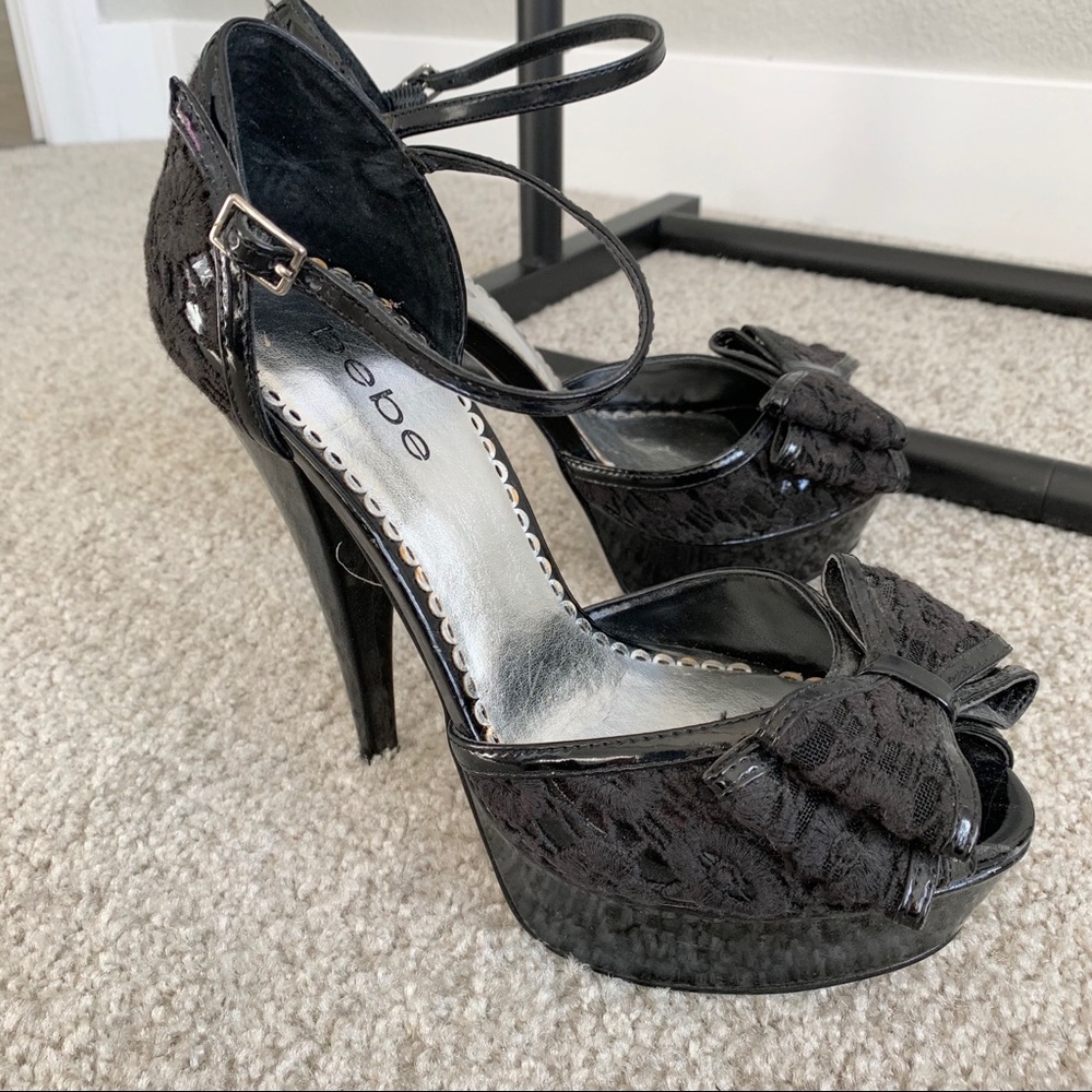 Bebe Black Lace Bow Platform Heels 7